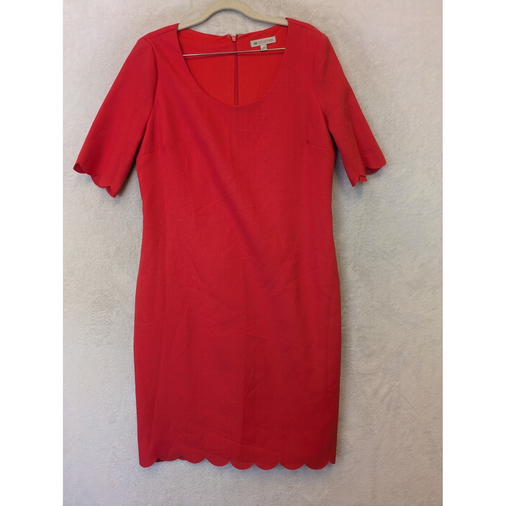DE Collection Sheath Dress Women's M Red Scalloped Hem Short Sleeve